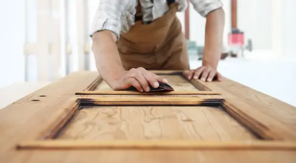 Carpintero lijando una puerta de sapelly para modernizarla, revelando la veta de la madera.