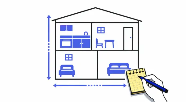 Ilustración de una casa con medidas y una mano anotando en una libreta, para saber los metros cuadrados de una habitación.