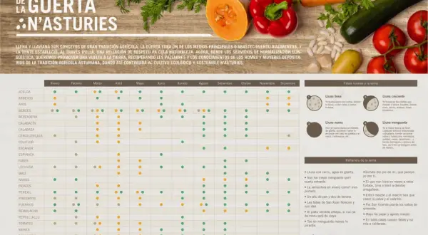 Calendario siembra huerto: puntos verdes indican siembra, naranjas trasplante, grises recolección. Verduras y meses.