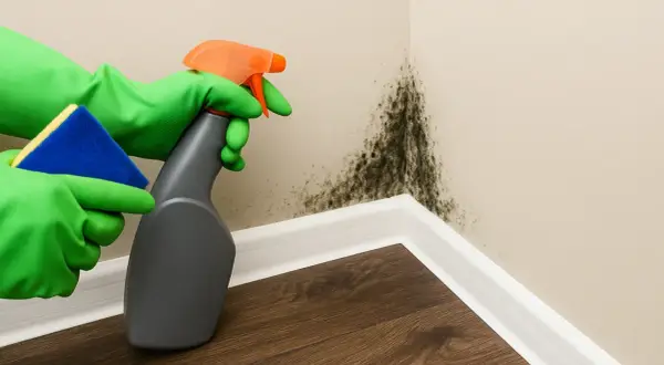 Manos con guantes verdes limpian moho en esquina de pared, causado por condensación. Usa spray y esponja.