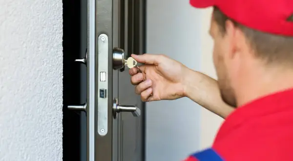 Un técnico con gorra roja inserta una llave para el cambio de cerradura en una puerta metálica.