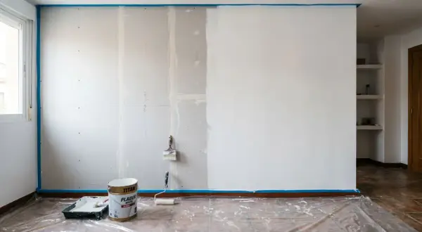 Pintar pladur es un proceso que requiere paciencia. Aquí, una pared a medio pintar, con rodillo y brocha listos para continuar.