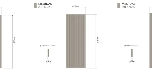 Diagrama muestra cómo hacer puerta con listones de madera. Tres opciones de medidas: 203x72.5, 206x82.5 y 211x92.5 cm. Grosor de puerta 35 mm.