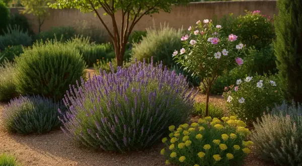 Jardín con lavanda, arbustos verdes y flores rosadas y amarillas. Un oasis de plantas de exterior en Madrid.
