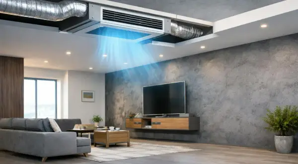 Salón moderno con climatización por conductos invisible, que distribuye aire fresco y azulado.