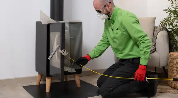 Hombre con mascarilla y guantes rojos realiza la tarea de deshollinar chimenea, usando una herramienta para limpiar el interior.