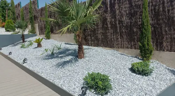 Jardines con piedras blancas y plantas exóticas, como palmeras y cipreses, crean un paisaje moderno y de bajo mantenimiento.