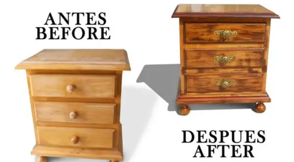 Mesitas de noche vintage antes y después de restaurar. La de la izquierda, sin tratar; la de la derecha, renovada con herrajes dorados.