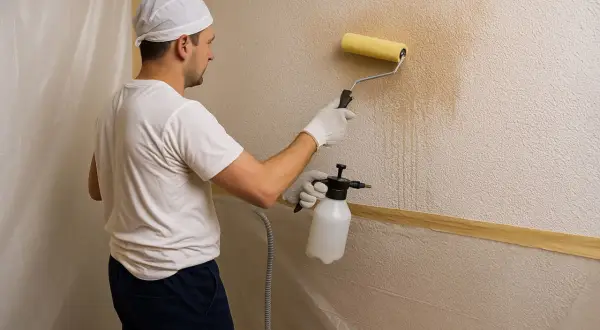 Hombre aplicando líquido con pulverizador y rodillo para quitar el gotelé sin esfuerzo.