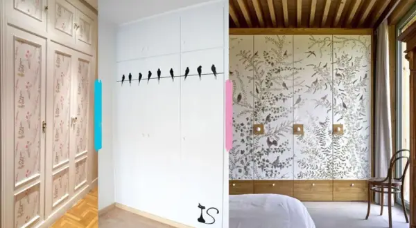 Armarios empotrados con diseños florales y de pájaros. Ideas para forrar armario empotrado con estilo.