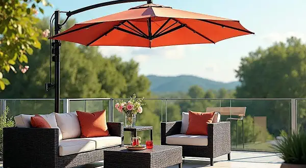 Un toldo cantilever naranja protege un conjunto de muebles de exterior con cojines color crema y naranjas.