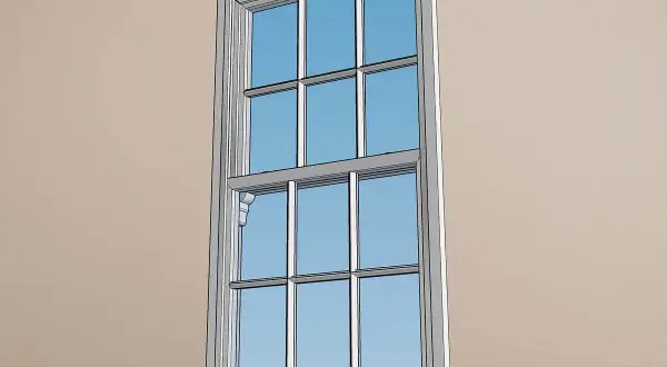 Ventana de guillotina con un clip de seguridad visible en el lateral, listo para quitar.