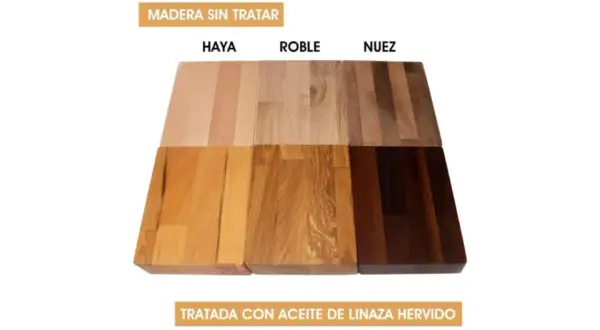 Maderas de haya, roble y nuez sin tratar y tratadas con aceite de linaza hervido, mostrando el antes y el después.