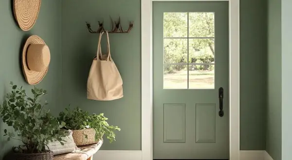Entrada acogedora con paredes verde salvia, sombreros de paja, plantas y puerta de cristal. ¡Excelentes trucos para pintar paredes!