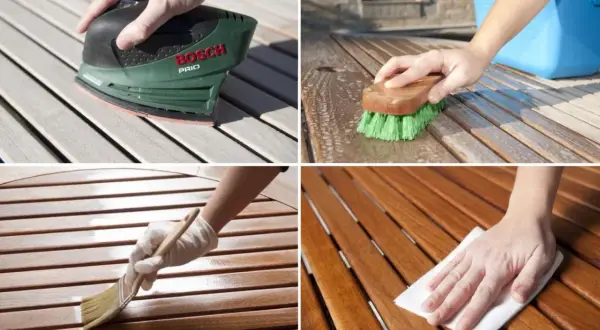 Pasos para tratar la madera para exterior: lijar, lavar con cepillo, aplicar protector con brocha y secar con paño.