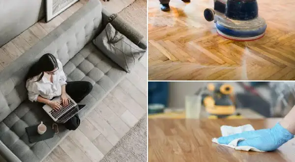 Una mujer trabaja en su portátil en un sofá gris. En otra imagen, se pule un suelo de parquet. Finalmente, se limpia una superficie de madera.
