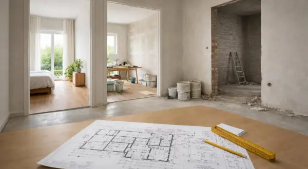 Planos de una casa en renovación, con planos de planta, cubos de pintura y una escalera. Se planea cambiar el suelo de la casa.
