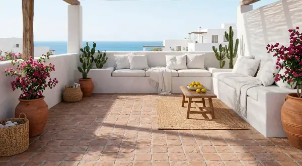 Terraza mediterránea con suelo de baldosas de terracota, sofás blancos, cactus y flores. Cumple la norma resbaladicidad c1, c2, c3.