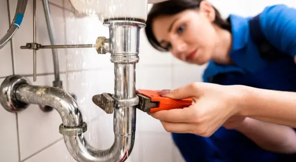 Mujer fontanera usando llave inglesa para reparar tubería con fugas bajo el lavabo.