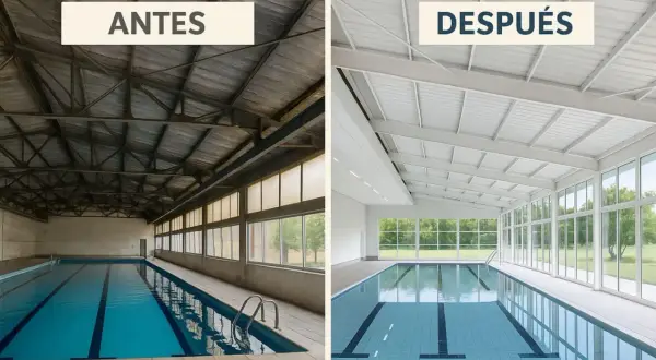 Transformación de una piscina interior: antes, un espacio oscuro y deteriorado; después, luminoso y moderno, listo para nadar.