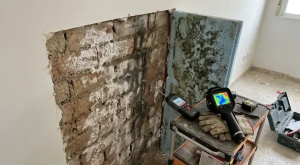 Herramientas para diagnosticar y como aislar una pared de la humedad: medidor de humedad, cámara térmica y guantes sobre una pared de ladrillo con moho.