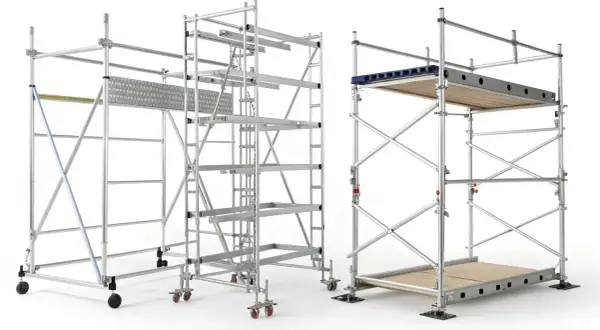 Tres tipos de andamios modulares de aluminio, listos para cualquier proyecto de construcción o mantenimiento.