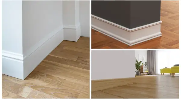 Detalles de rodapié blanco y suelo de madera en diferentes estilos.