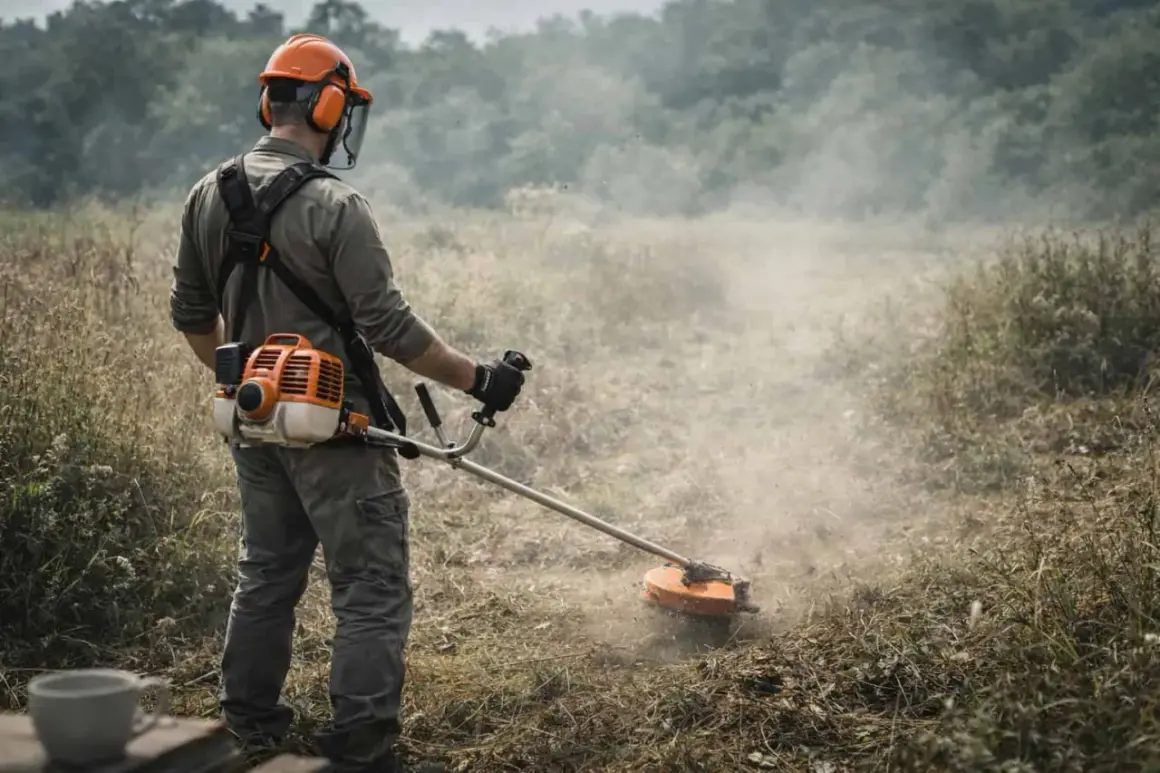 Hombre con equipo de protección realiza desbroce terreno, levantando polvo y vegetación con una desbrozadora.