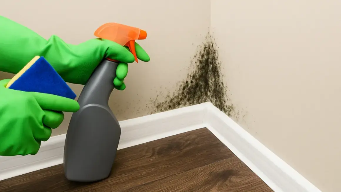 Manos con guantes verdes limpian moho en esquina de pared, causado por condensación. Usa spray y esponja.