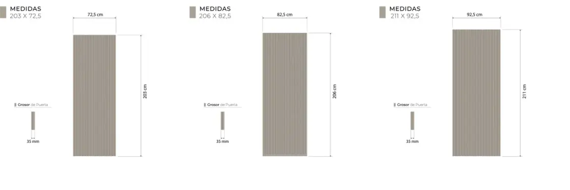 Diagrama muestra cómo hacer puerta con listones de madera. Tres opciones de medidas: 203x72.5, 206x82.5 y 211x92.5 cm. Grosor de puerta 35 mm.