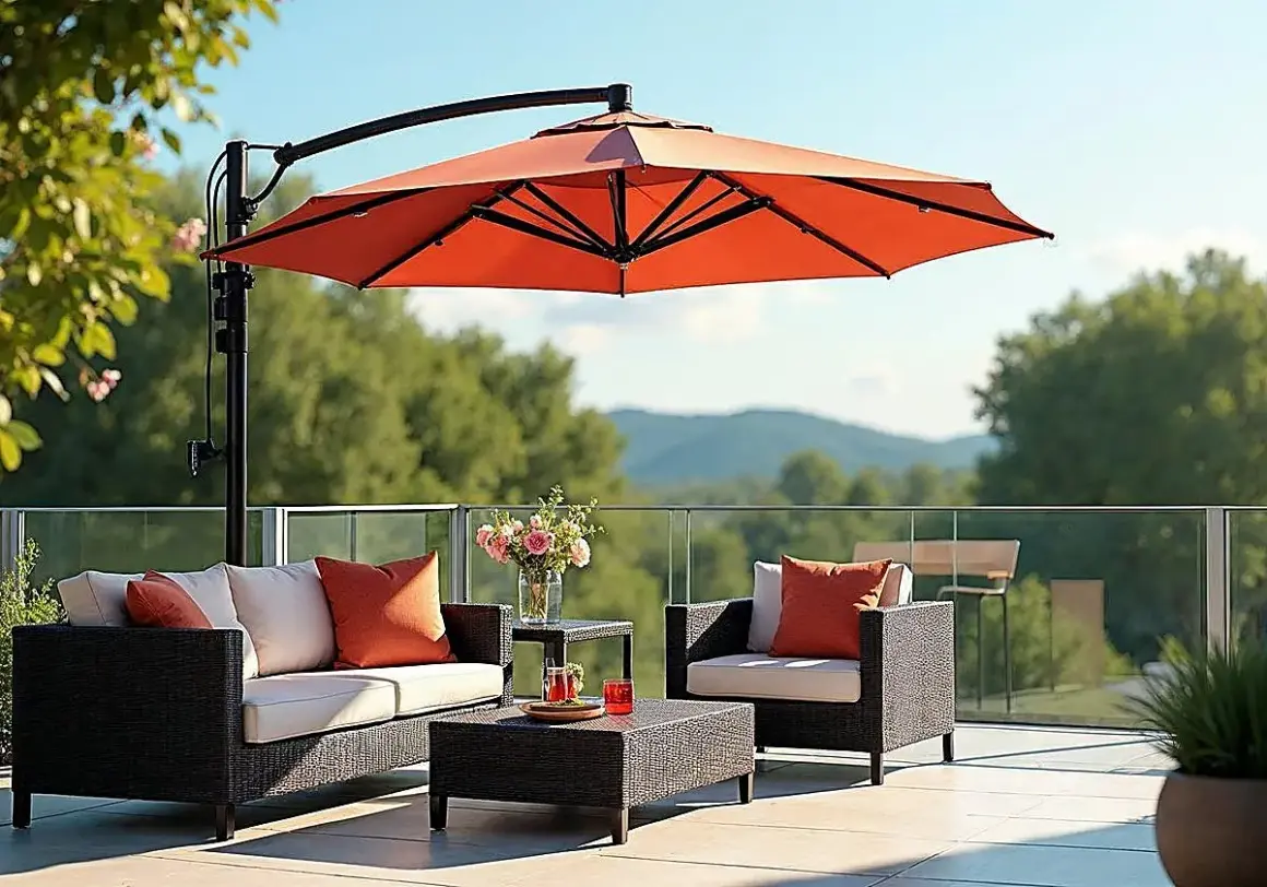 Un toldo cantilever naranja protege un conjunto de muebles de exterior con cojines color crema y naranjas.