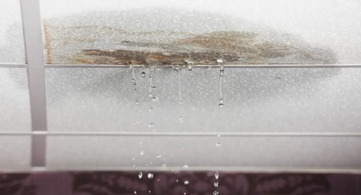 Gotas de agua caen de un techo manchado, señal de que la impermeabilización de tejados es urgente.