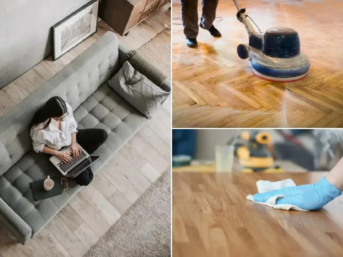 Una mujer trabaja en su portátil en un sofá gris. En otra imagen, se pule un suelo de parquet. Finalmente, se limpia una superficie de madera.