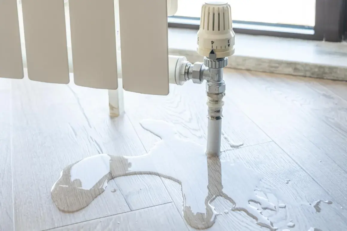 Fuga de agua en el suelo de madera cerca de un radiador. El agua se acumula, indicando la necesidad de quitar un radiador definitivamente.