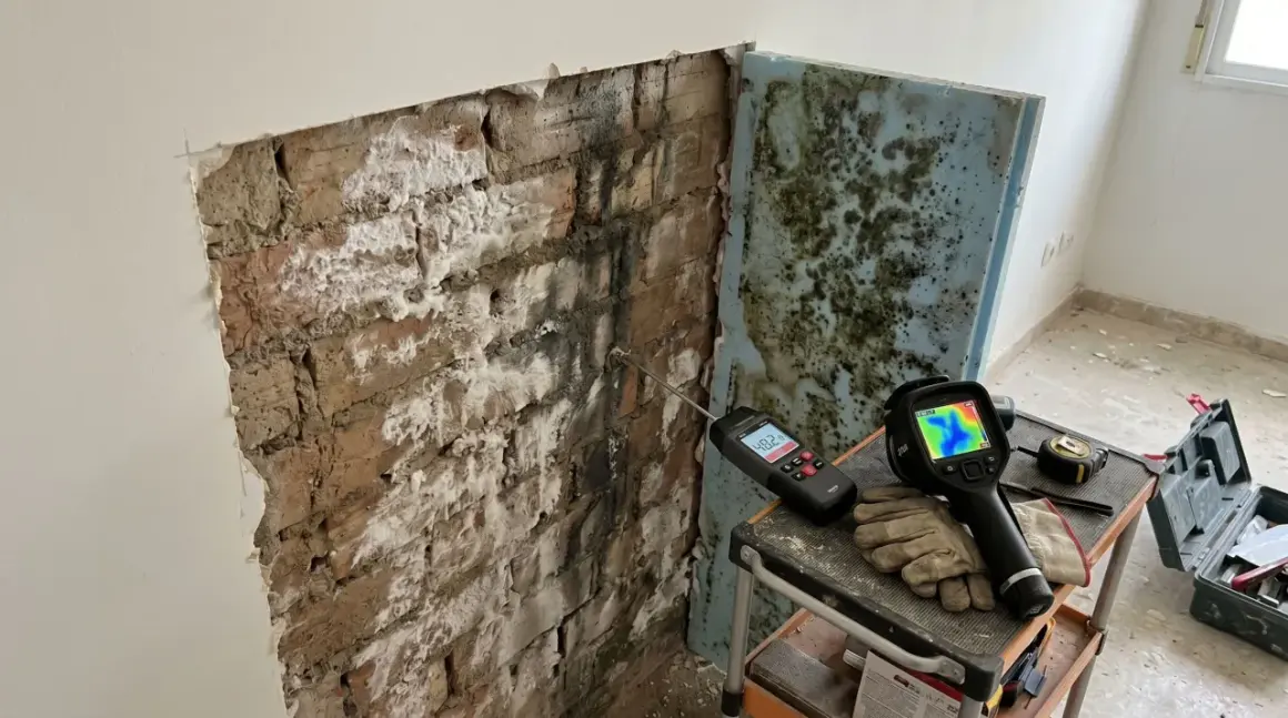 Herramientas para diagnosticar y como aislar una pared de la humedad: medidor de humedad, cámara térmica y guantes sobre una pared de ladrillo con moho.