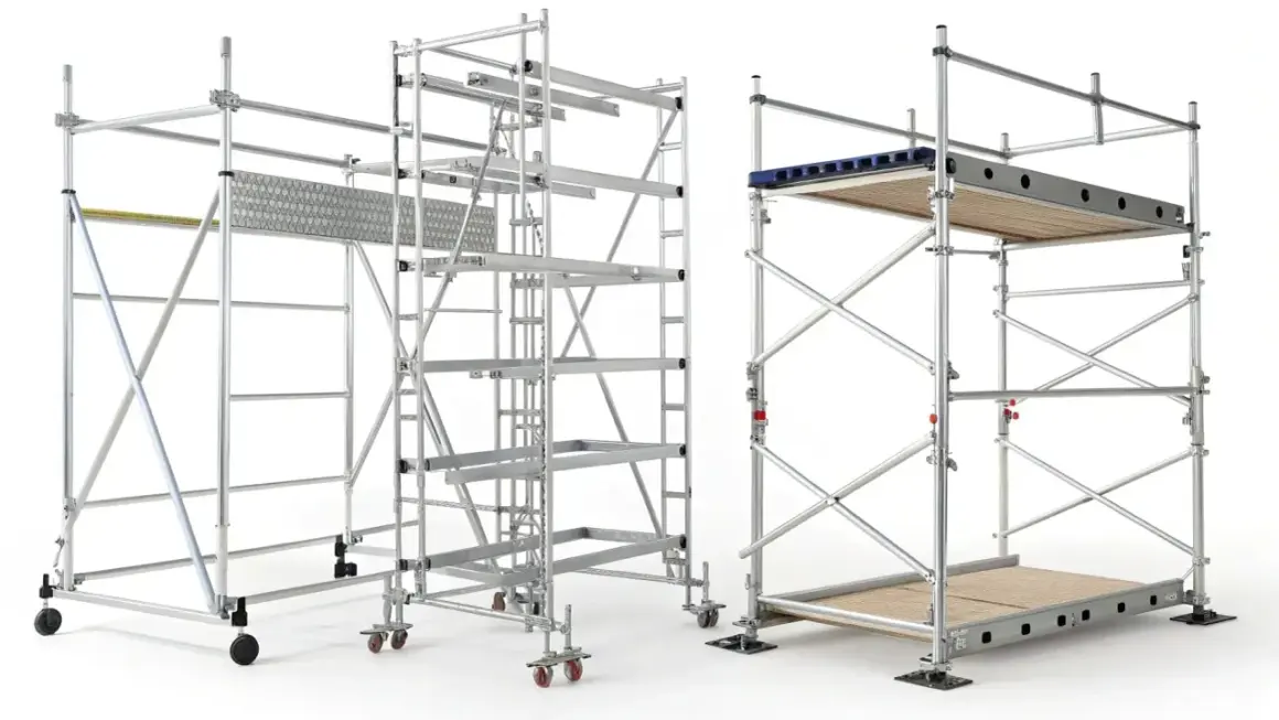Tres tipos de andamios modulares de aluminio, listos para cualquier proyecto de construcción o mantenimiento.