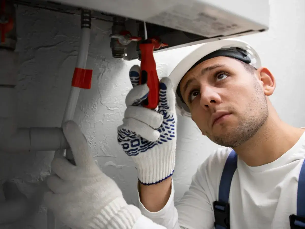 T&eacute;cnico con casco y guantes trabaja en tuber&iacute;as, quiz&aacute;s para aprender como limpiar un termo por dentro.