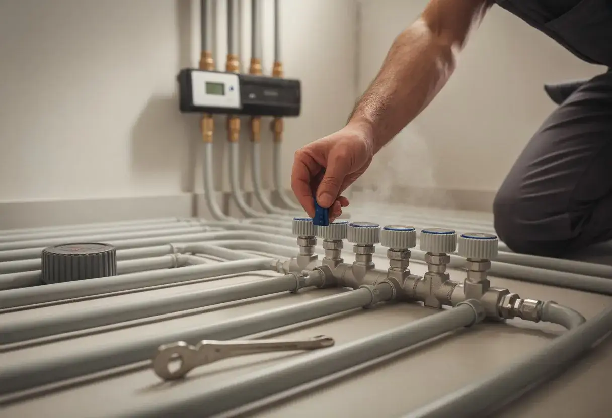 Instalador ajusta v&aacute;lvulas de un sistema de calefacci&oacute;n por suelo radiante. El vapor indica que el proceso de limpieza suelo radiante est&aacute; en marcha.