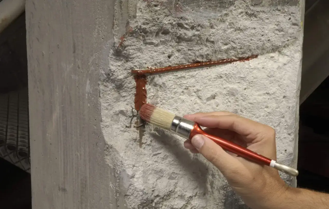 Aplicando un producto para crear un puente de uni&oacute;n en una columna de concreto da&ntilde;ada.