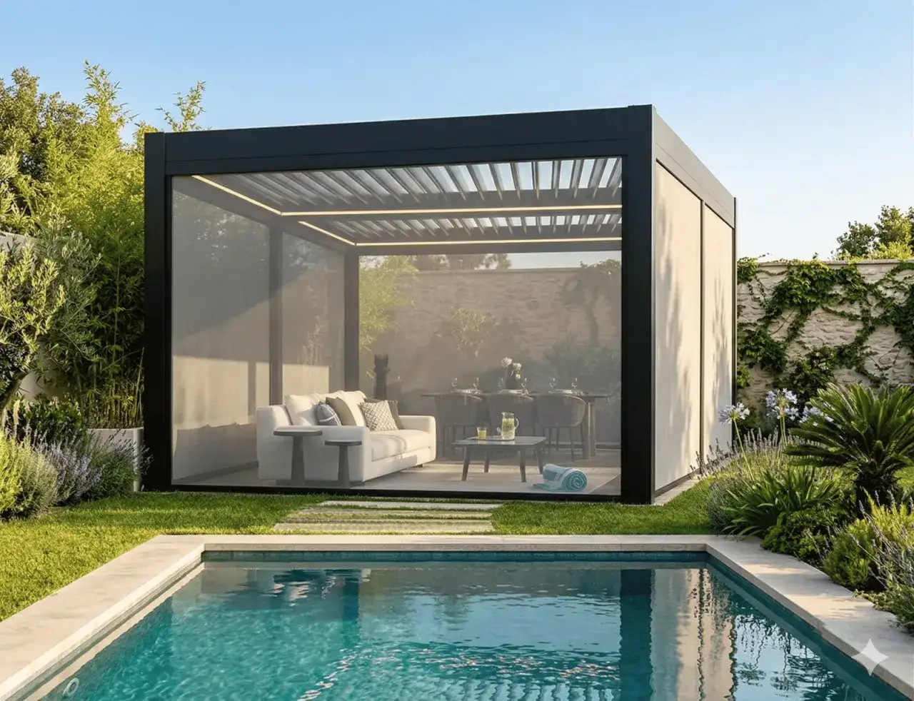 Elegante pérgola bioclimática con sofá y mesa, junto a piscina. Posibles inconvenientes: mantenimiento de cristales y mosquiteras.