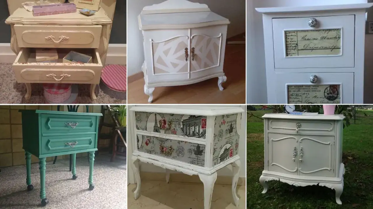 Ejemplos de c&oacute;mo restaurar mesitas de noche vintage con acabados pintados, decoupage y detalles decorativos.