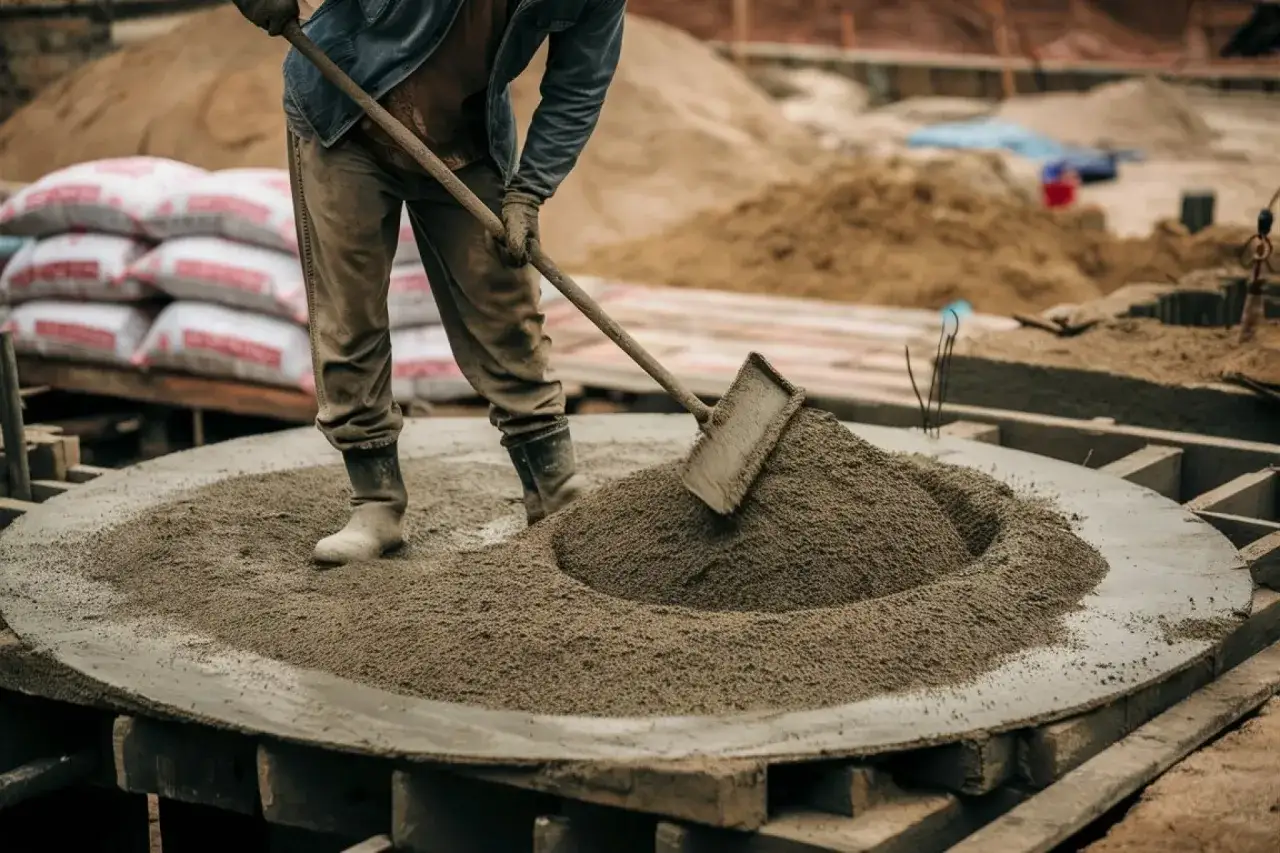 Obrero mezcla cemento y arena con pala, aprendiendo como hacer mortero para la construcci&oacute;n.