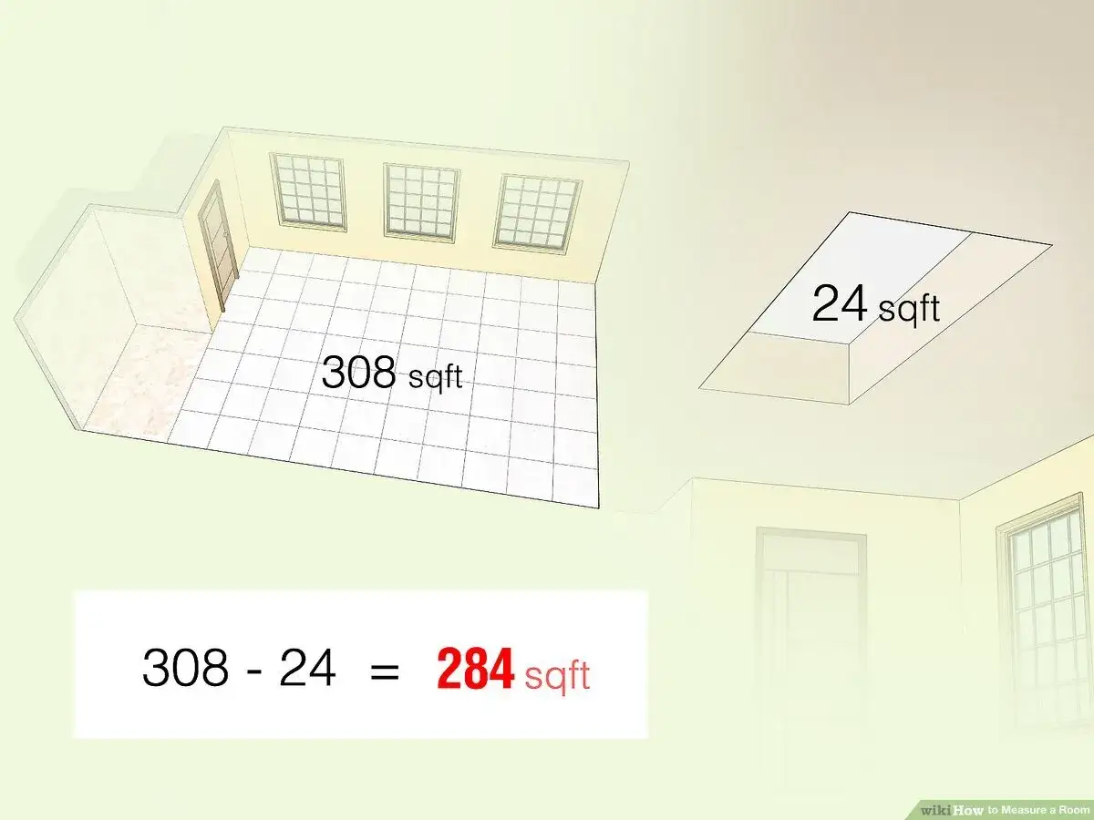Ilustraci&oacute;n muestra c&oacute;mo saber los metros cuadrados de una habitaci&oacute;n. Se resta un &aacute;rea de 24 sqft de un total de 308 sqft, resultando en 284 sqft.