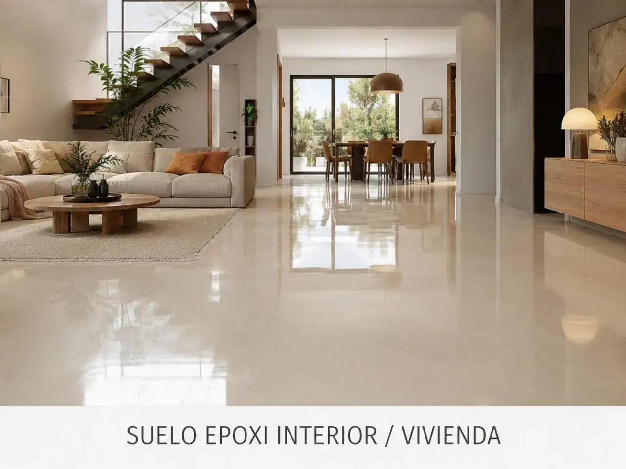 Luminoso salón moderno con suelo resina epoxi vivienda, sofá beige, mesa de centro de madera y comedor al fondo.