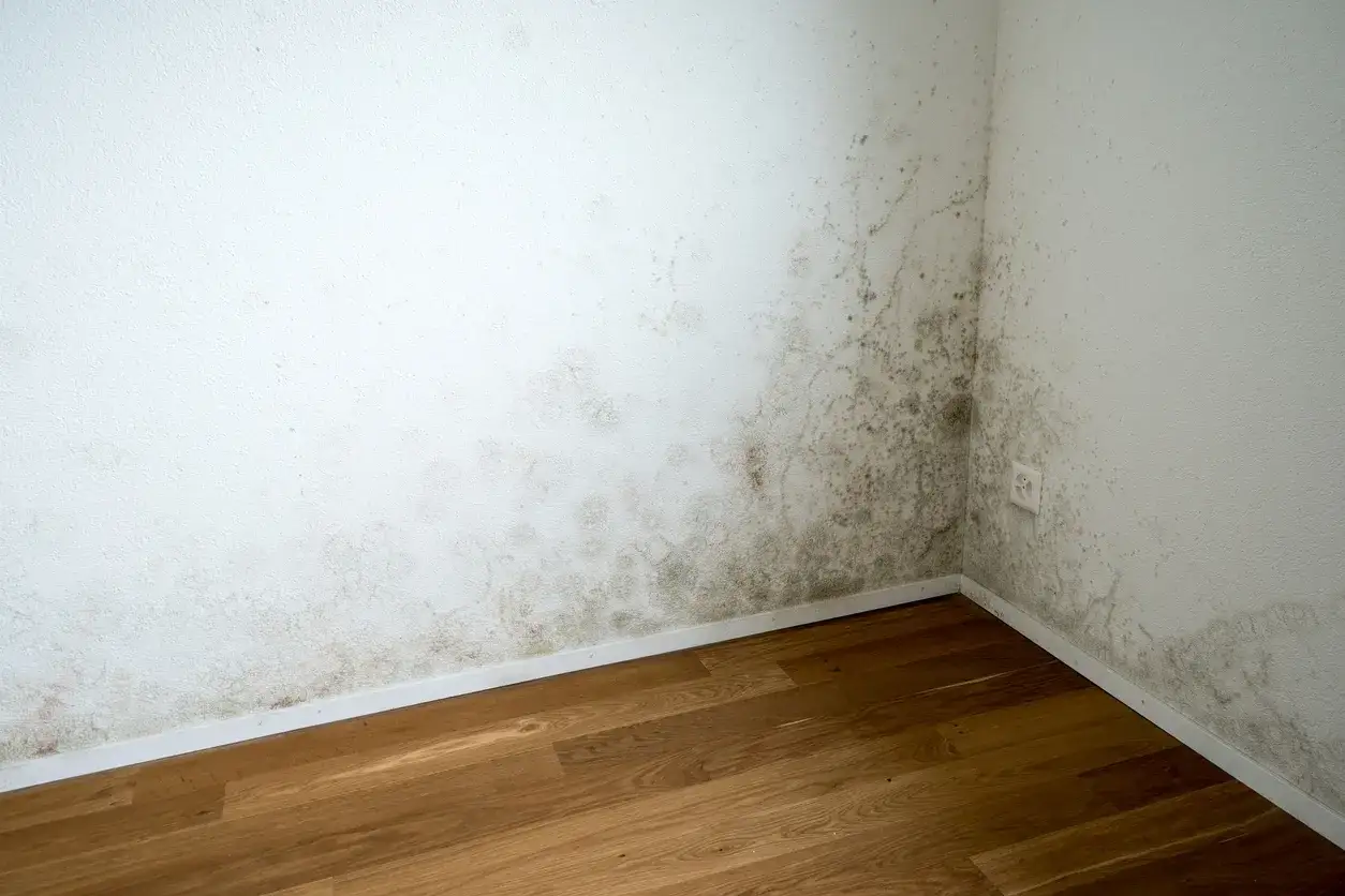 Esquina de una habitación con moho en las paredes, indicando la necesidad de saber como aislar una pared de la humedad.