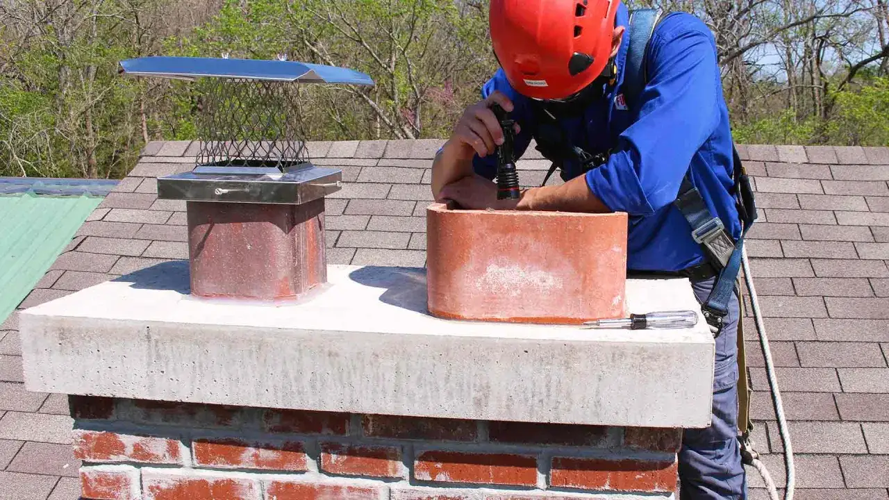 T&eacute;cnico con casco rojo y arn&eacute;s realiza mantenimiento para deshollinar chimenea. Se ve una tapa met&aacute;lica y un ladrillo.