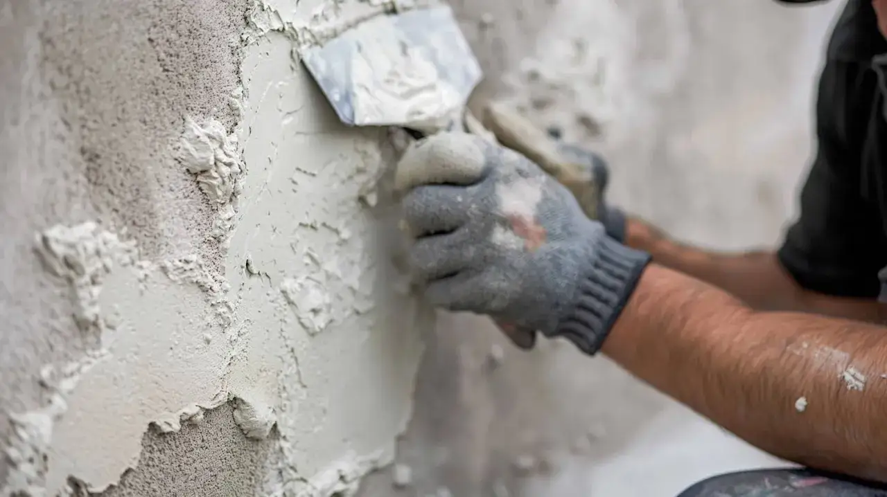 Man con guantes estucando una pared con una llana, creando una textura rústica.