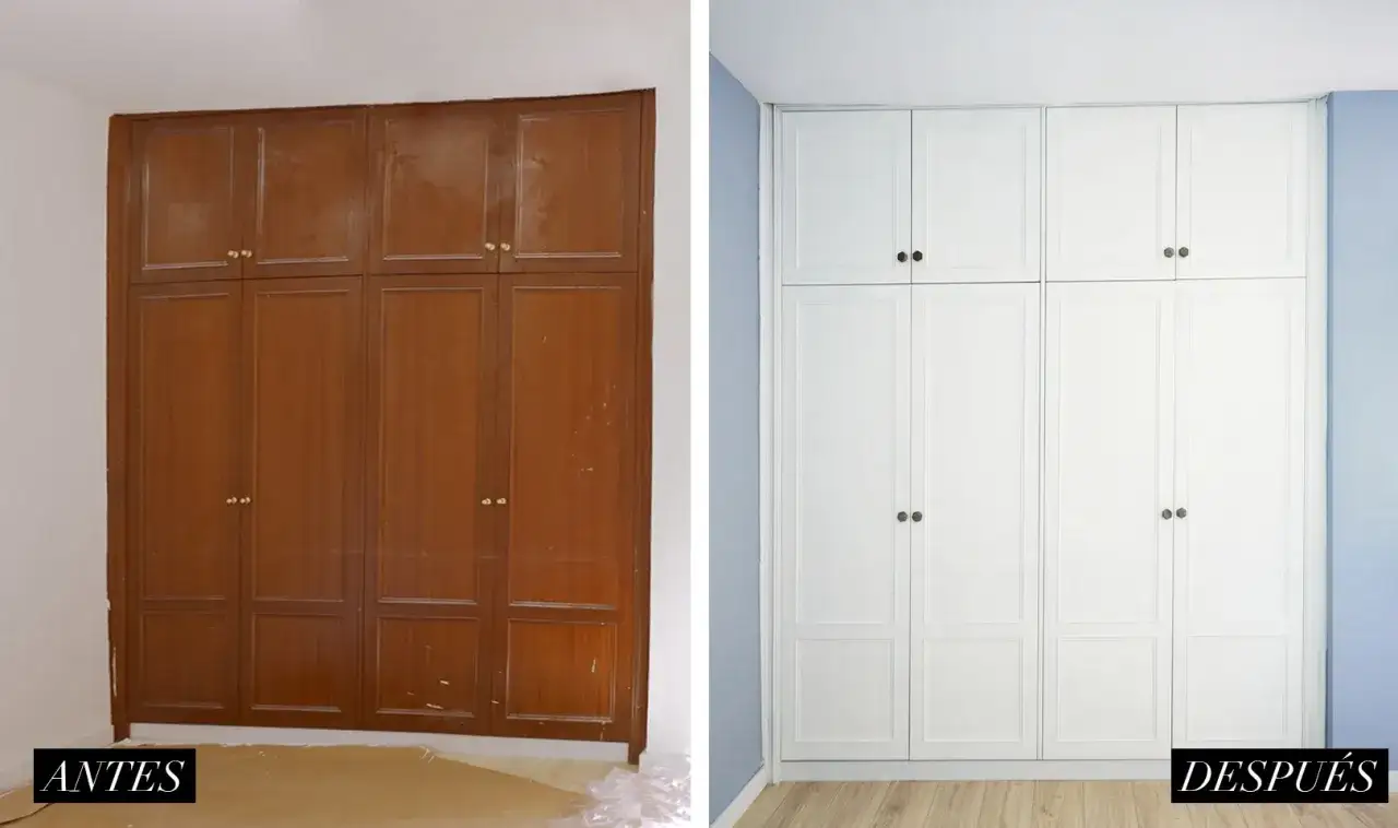 Antes y despu&eacute;s de pintar un armario empotrado de madera oscura a blanco.