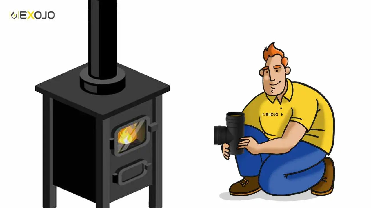 Hombre con codo de chimenea listo para instalar una estufa de le&ntilde;a con salida horizontal.