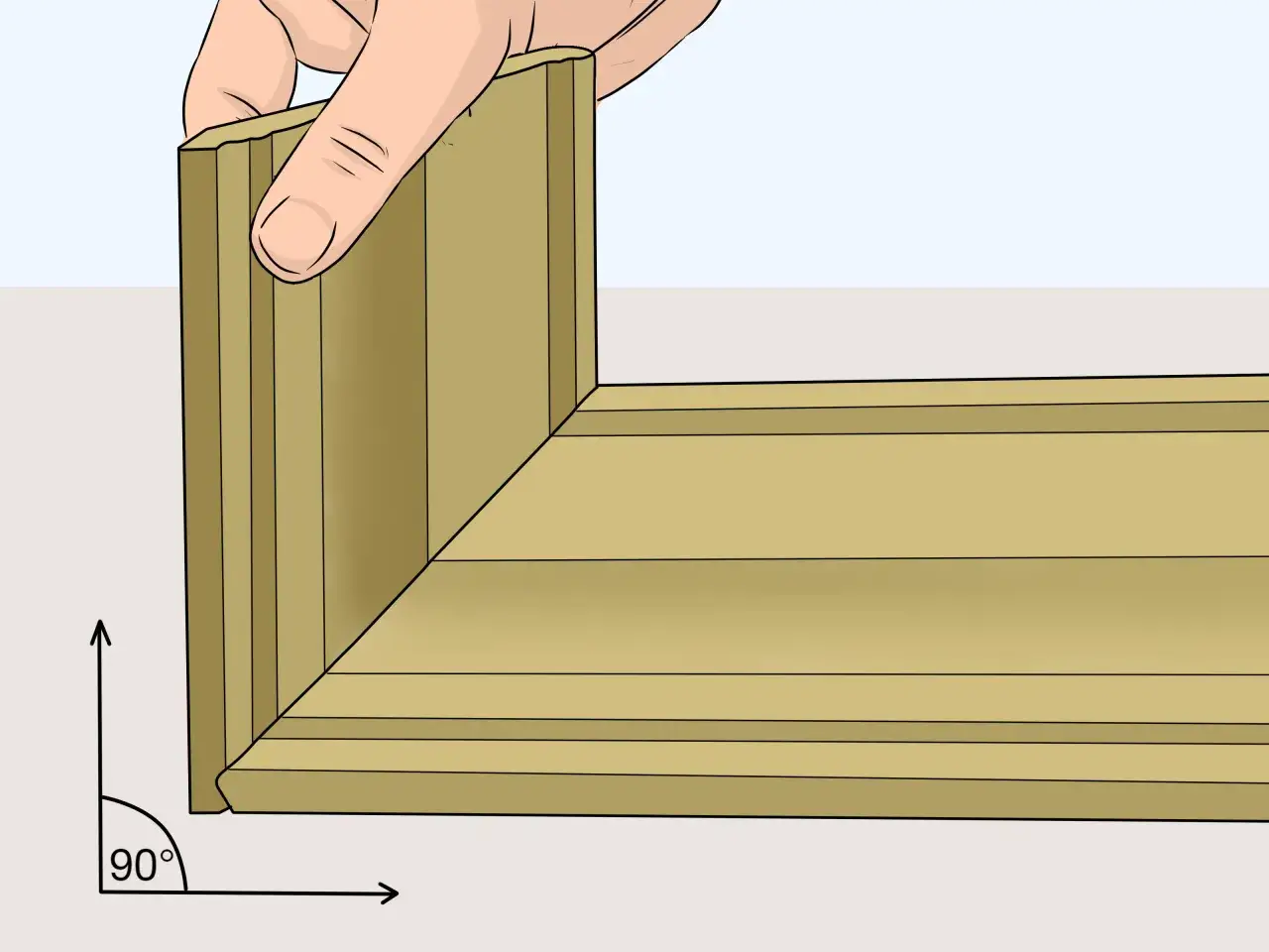 Mano sujetando dos piezas de madera unidas en un &aacute;ngulo de 90 grados, demostrando un corte a inglete perfecto para uniones limpias.